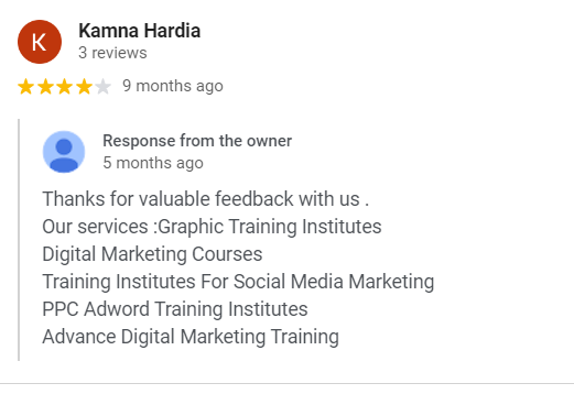 Image showing Karma Hardia reviews for digital marketing course at Eduwings Institute.