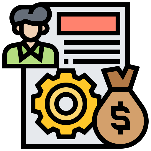 A man holding a money bag and a gear on a document, representing payroll management in Tally course.