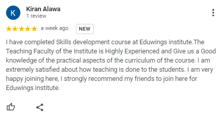 Review from Kiran Alawa for Eduwings Institute for completed the skill development course.