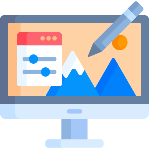 A computer monitor with a pen and a mountain. Illustrating skill development in Photoshop & Canva.